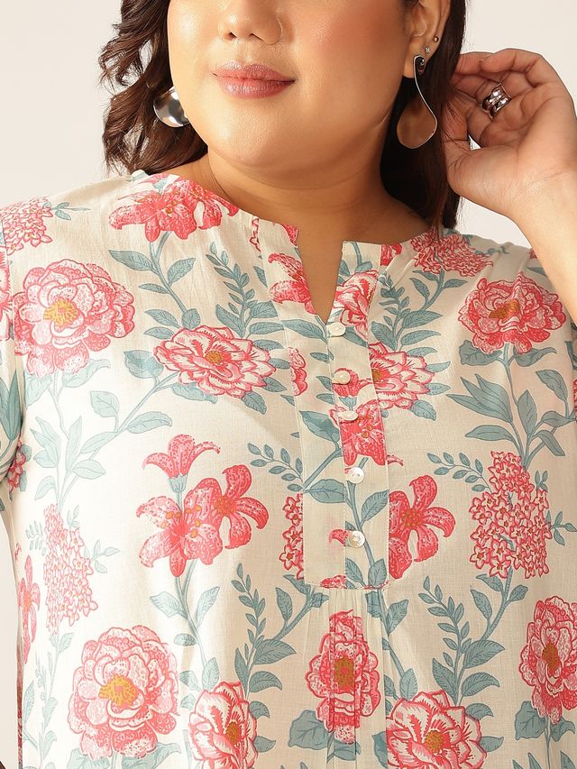 [Ready SG Stock] Plus Size Off White Pure Cotton Floral A-line Only Top \ Tunic  [ Casual Indian Dresses ]