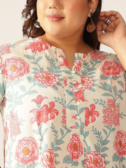 [Ready SG Stock] Plus Size Off White Pure Cotton Floral A-line Only Top \ Tunic  [ Casual Indian Dresses ]