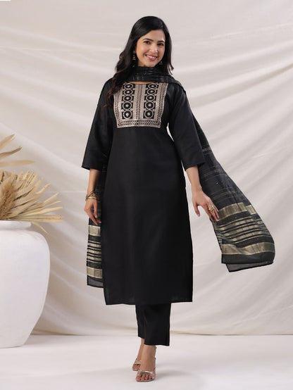 [ Ready SG Stock ] Black Cotton Blend Yoke Embroidered Straight Kurta Set Punjabi Suit with Dupatta [ Indian Dresses ]