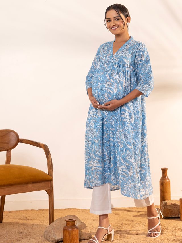 [Ready SG Stock] Sky Blue Cotton Floral Printed A-Line Maternity Kurta \ Top - Indian Dresses