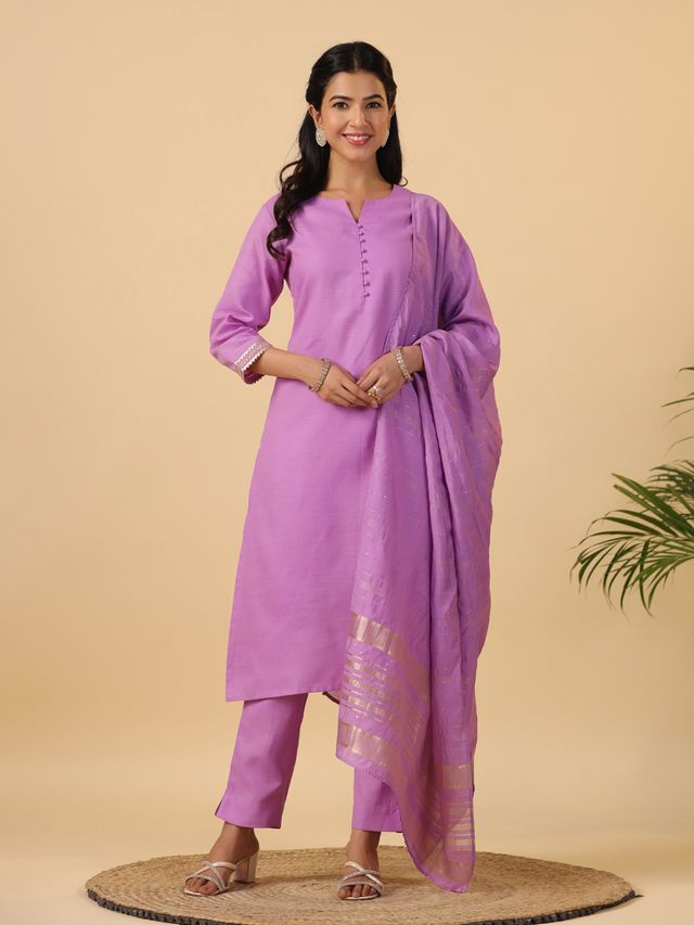 [ Ready SG Stock ] Lavender Cotton Blend Solid Straight Kurta Set Punjabi Suit with Dupatta [ Indian Dresses ]