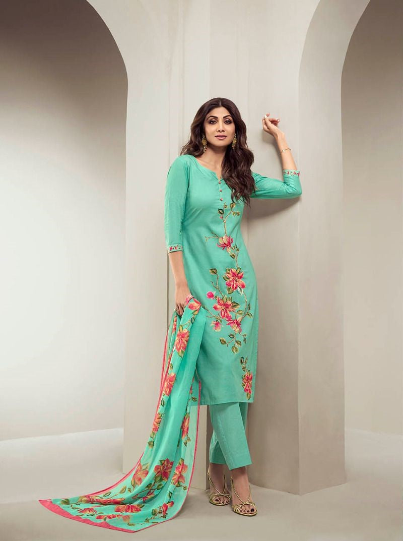 [Ready SG Stock] Sobar Embroidered Digital Floral Printed Straight Kurta, Pant & Dupatta 3 Pcs Punjabi Suit [Indian Dresses]