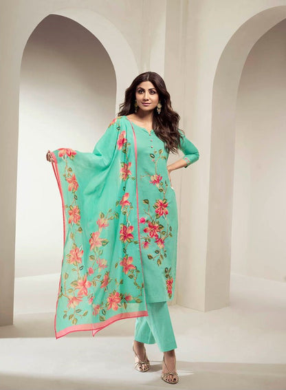 [Ready SG Stock] Sobar Embroidered Digital Floral Printed Straight Kurta, Pant & Dupatta 3 Pcs Punjabi Suit [Indian Dresses]