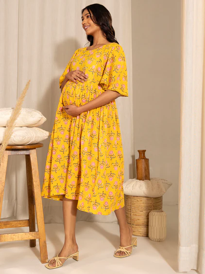 [Ready SG Stock] Women's  Maternity Wear Comfortable Yellow Cotton Floral Dress- Indian Dresses