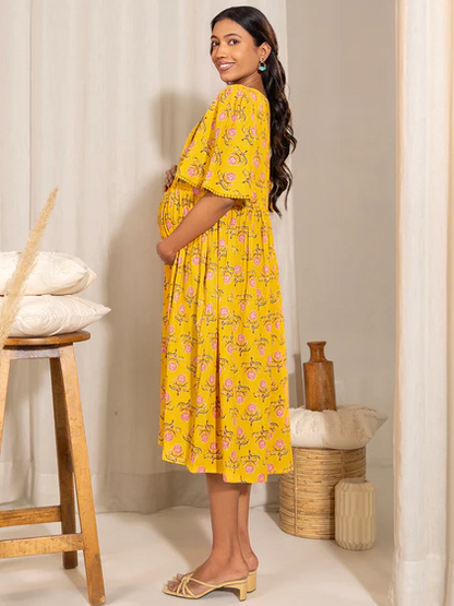 [Ready SG Stock] Women's  Maternity Wear Comfortable Yellow Cotton Floral Dress- Indian Dresses