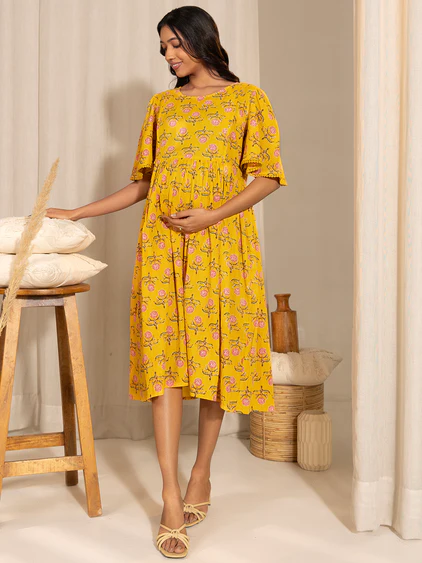 [Ready SG Stock] Women's  Maternity Wear Comfortable Yellow Cotton Floral Dress- Indian Dresses