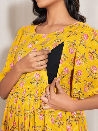 [Ready SG Stock] Women's  Maternity Wear Comfortable Yellow Cotton Floral Dress- Indian Dresses