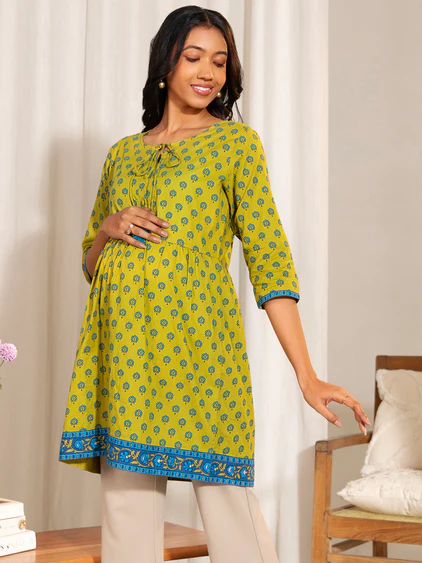 [Ready SG Stock] Maternity wear Green Cotton Printed A-Line Top \Tunic \ Blouse - Indian Dresses