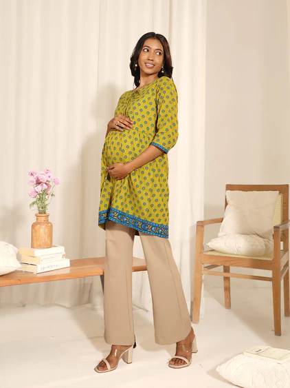 [Ready SG Stock] Maternity wear Green Cotton Printed A-Line Top \Tunic \ Blouse - Indian Dresses