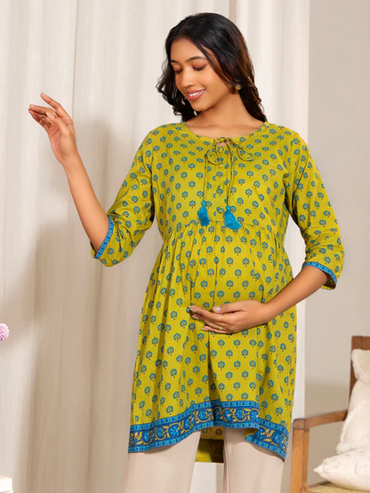 [Ready SG Stock] Maternity wear Green Cotton Printed A-Line Top \Tunic \ Blouse - Indian Dresses