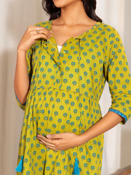 [Ready SG Stock] Maternity wear Green Cotton Printed A-Line Top \Tunic \ Blouse - Indian Dresses