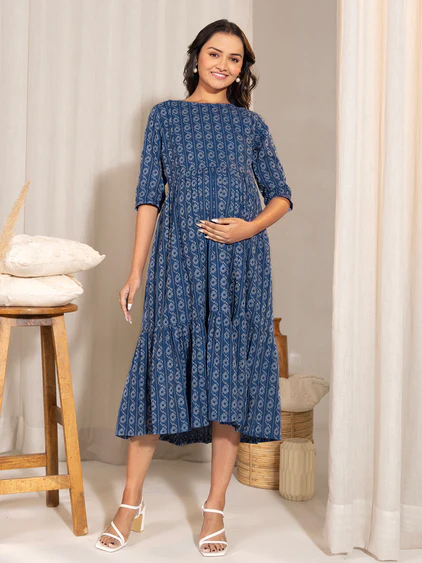 [Ready SG Stock] Women's Maternity Wear Blue Cotton Woven Flared Dress Maternity Dress