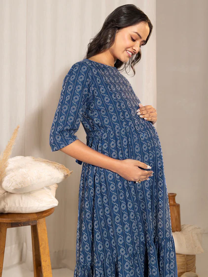 [Ready SG Stock] Women's Maternity Wear Blue Cotton Woven Flared Dress Maternity Dress