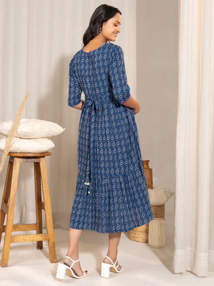 [Ready SG Stock] Women's Maternity Wear Blue Cotton Woven Flared Dress Maternity Dress