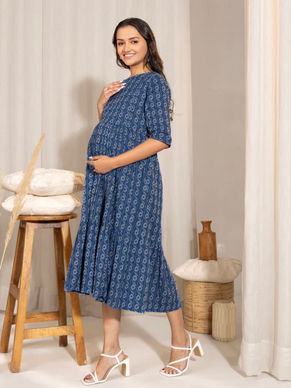 [Ready SG Stock] Women's Maternity Wear Blue Cotton Woven Flared Dress Maternity Dress