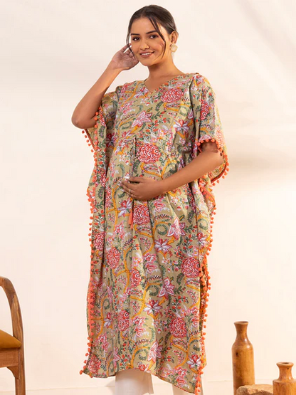 [Ready SG Stock] Women's Maternity Wear Beige Cotton Printed Kaftan Dress, Only Top