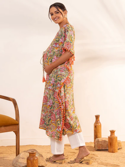 [Ready SG Stock] Women's Maternity Wear Beige Cotton Printed Kaftan Dress, Only Top