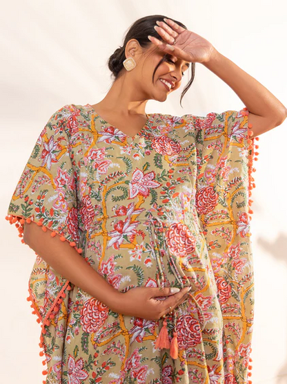 [Ready SG Stock] Women's Maternity Wear Beige Cotton Printed Kaftan Dress, Only Top