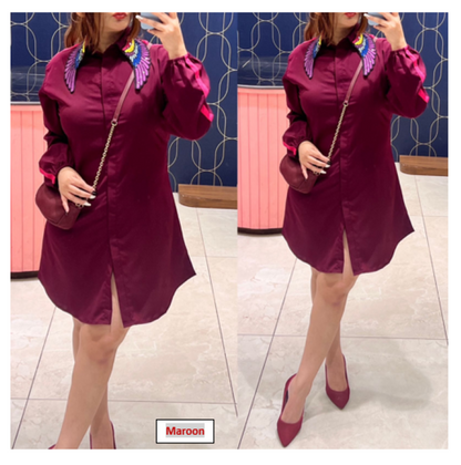 [Ready SG Stock] Designer Embroidered Women's Fashion Shirt Dress, Bird Wing Collar [Indian Dresses]