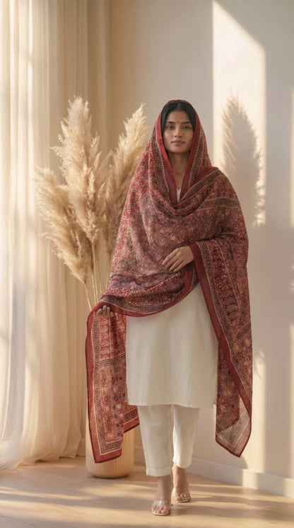 [Ready SG Stock] Pure Cotton Maroon Ajrakh Inspired Printed Dupatta [ Only Dupatta]