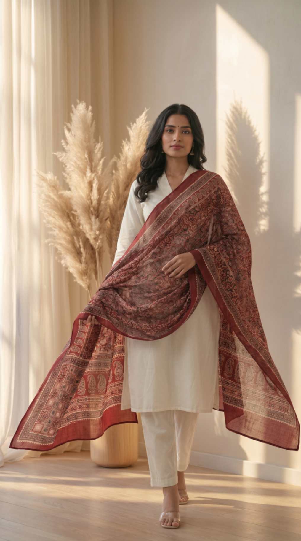 [Ready SG Stock] Pure Cotton Maroon Ajrakh Inspired Printed Dupatta [ Only Dupatta]