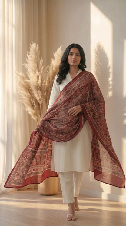 [Ready SG Stock] Pure Cotton Maroon Ajrakh Inspired Printed Dupatta [ Only Dupatta]