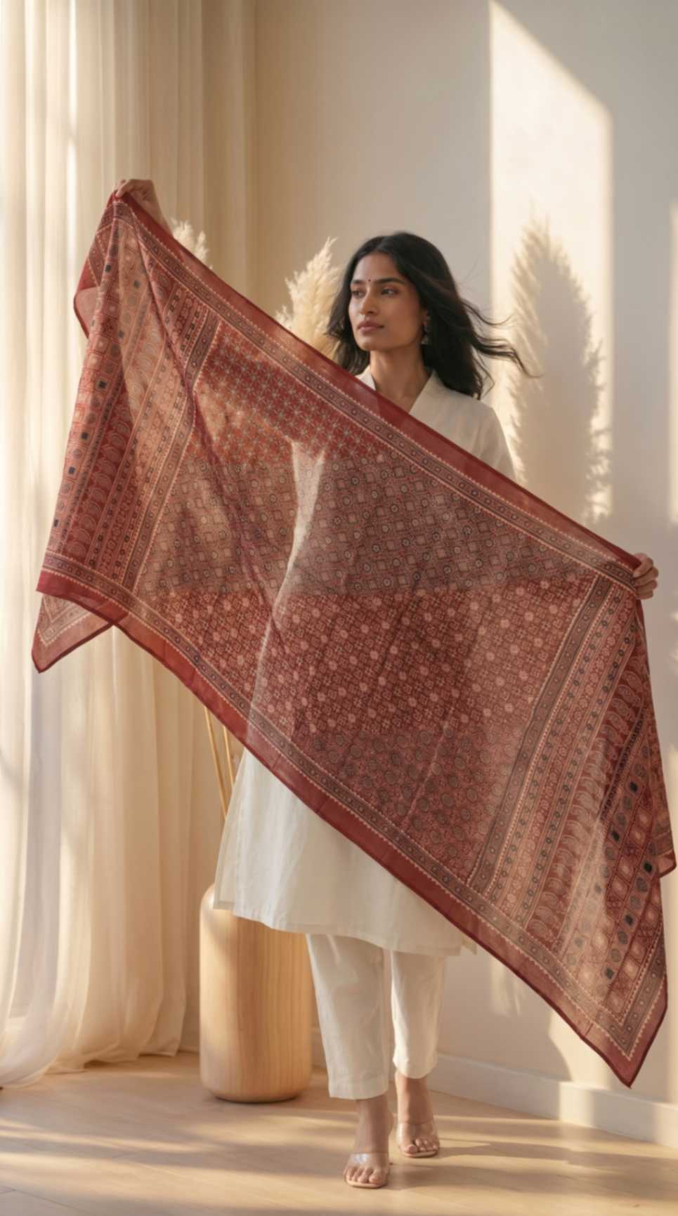 [Ready SG Stock] Pure Cotton Maroon Ajrakh Inspired Printed Dupatta [ Only Dupatta]