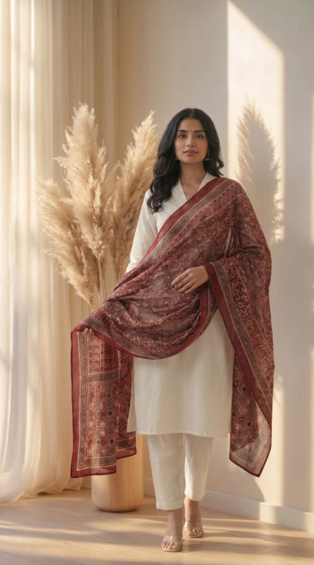 [Ready SG Stock] Pure Cotton Maroon Ajrakh Inspired Printed Dupatta [ Only Dupatta]