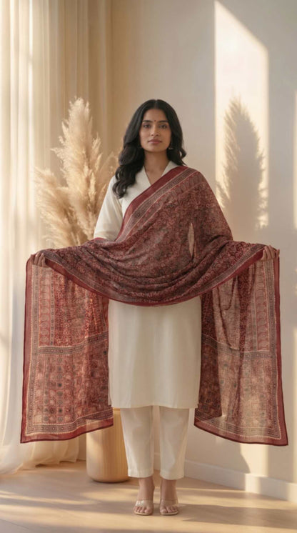 [Ready SG Stock] Pure Cotton Maroon Ajrakh Inspired Printed Dupatta [ Only Dupatta]