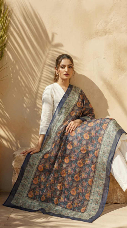 [Ready SG Stock] Pure Cotton Mustard Floral Printed Ethnic Dupatta [ Only Dupatta ]