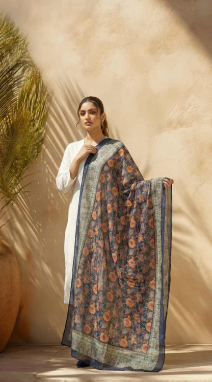[Ready SG Stock] Pure Cotton Mustard Floral Printed Ethnic Dupatta [ Only Dupatta ]
