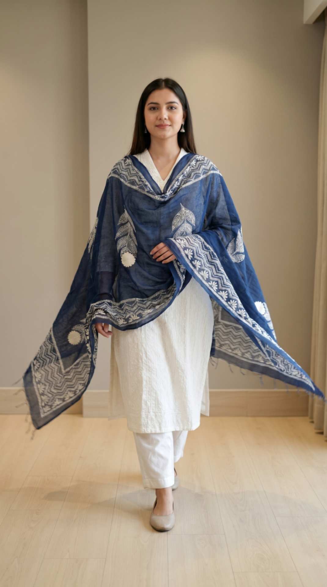 [Ready SG Stock] Pure Cotton Navy Blue Block Print Ethnic Dupatta [Only Dupatta ]