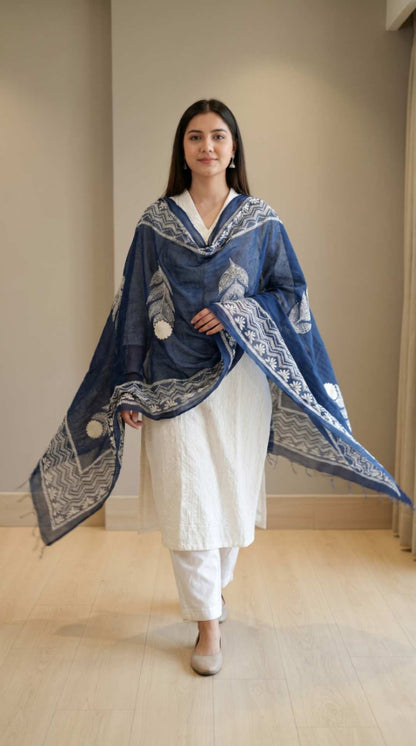 [Ready SG Stock] Pure Cotton Navy Blue Block Print Ethnic Dupatta [Only Dupatta ]