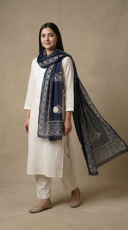 [Ready SG Stock] Pure Cotton Navy Blue Block Print Ethnic Dupatta [Only Dupatta ]