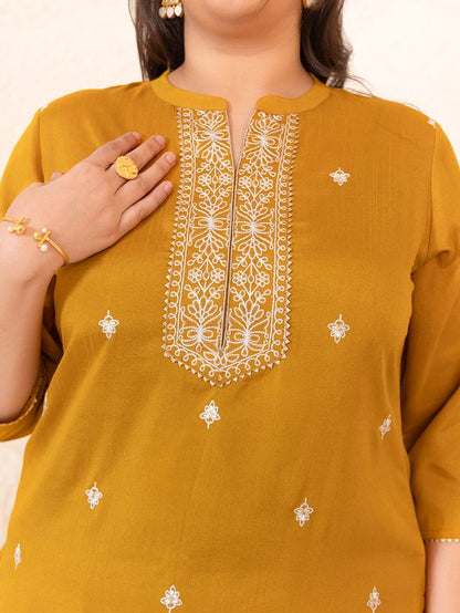 [Ready SG Stock] Plus Size Mustard Crepe Silk Blend Embroidered Straight kurti \ Only Top [ Indian Dresses ]