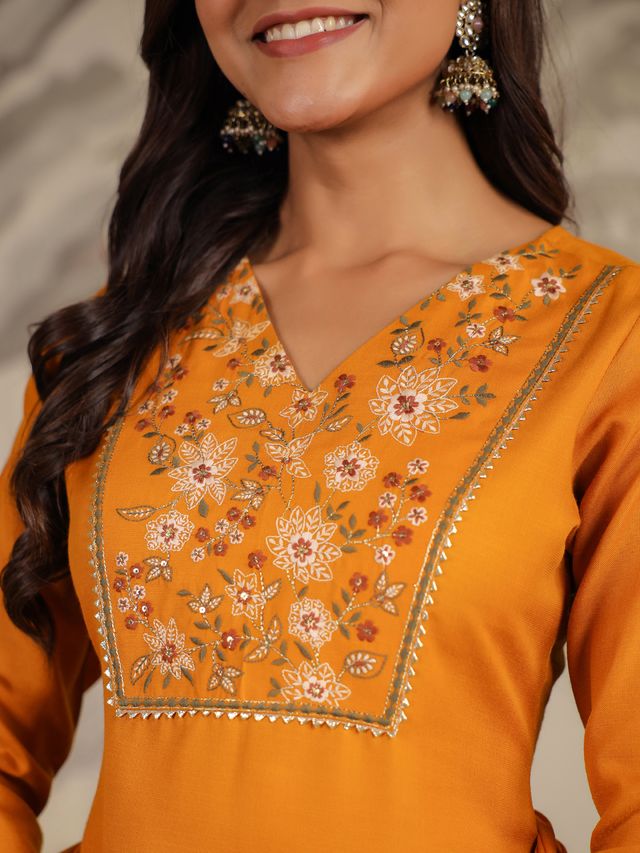 [ Ready SG Stock ] Mustard Cotton Blend Yoke Embroidered Straight Kurta Set Punjabi Suit with Dupatta [ Indian Dresses ]