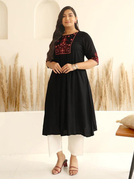 [Ready SG Stock] Plus Size Black Rayon Yoke Embroidered A-line Only kurta [Indian Dresses]