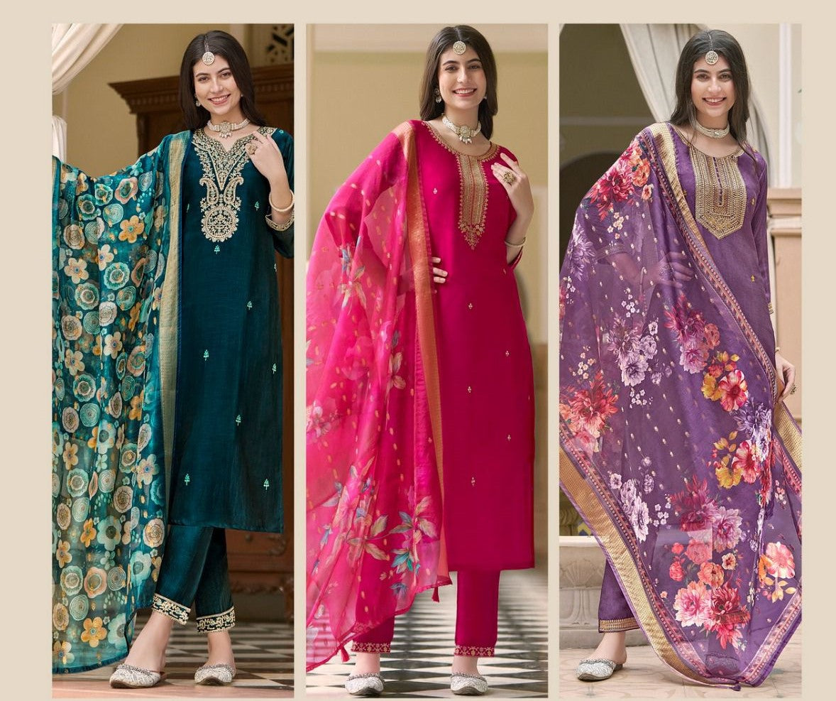 [Ready SG Stock] Deepavali & Wedding-Wear Chinon Silk 3 Pcs Punjabi Suit + Inner & Floral Dupatta [Indian Dresses]