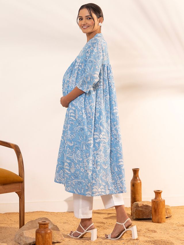 [Ready SG Stock] Sky Blue Cotton Floral Printed A-Line Maternity Kurta \ Top - Indian Dresses