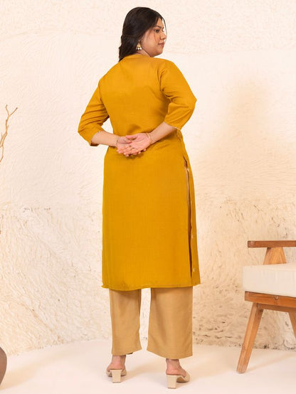 [Ready SG Stock] Plus Size Mustard Crepe Silk Blend Embroidered Straight kurti \ Only Top [ Indian Dresses ]