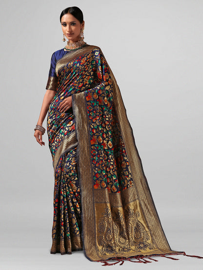 [Ready SG Stock] Navy Blue Chanderi Silk Pashmina Saree with attached Blouse Material - Indian saree