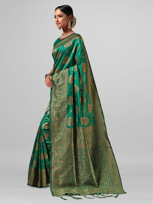 [Ready SG Stock] Peacock Green Silk Blend Woven Ethnic Motifs Saree with attached Blouse Material - Indian saree