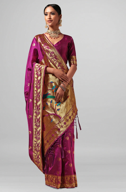 [Ready SG Stock] Wine Cotton Silk Woven Ethnic Motifs Saree with attached Blouse Material - Indian saree