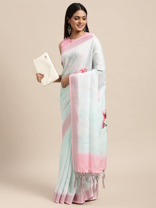 [Ready SG Stock] Linen Blend Floral Print Saree with attached Blouse Material - Indian saree