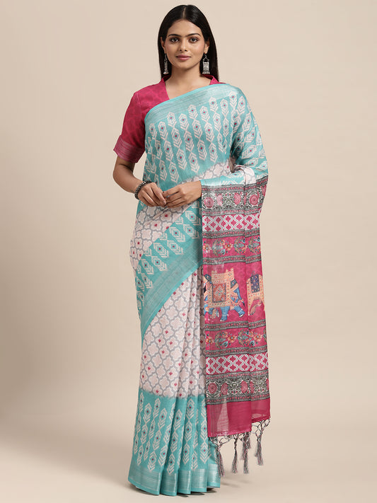 [Ready SG Stock] Linen Blend Beautiful Ethnic Motifs Printed Saree with attached Blouse Material - Indian saree