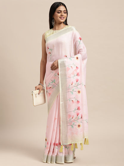 [Ready SG Stock] Linen Blend Floral Print Saree with attached Blouse Material - Indian saree