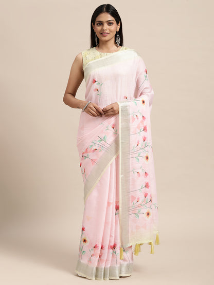 [Ready SG Stock] Linen Blend Floral Print Saree with attached Blouse Material - Indian saree