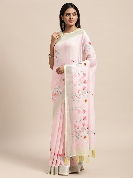 [Ready SG Stock] Linen Blend Floral Print Saree with attached Blouse Material - Indian saree