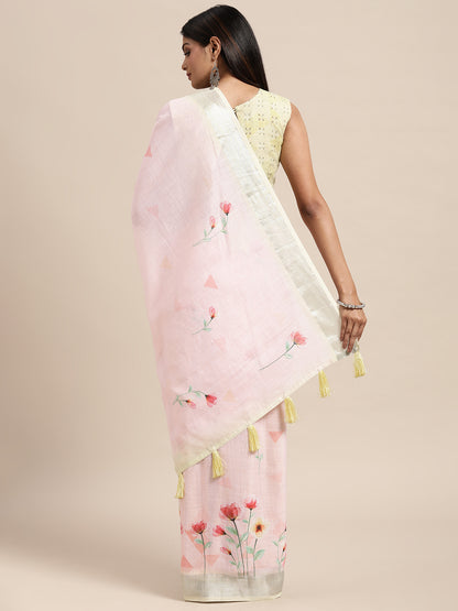 [Ready SG Stock] Linen Blend Floral Print Saree with attached Blouse Material - Indian saree