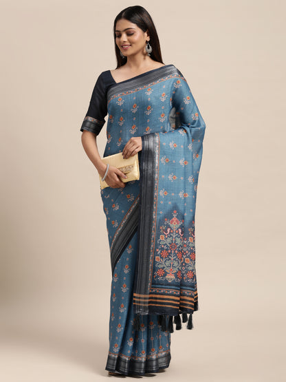 [Ready SG Stock] Linen Blend Beautiful Ethnic Motifs Printed Saree with attached Blouse Material - Indian saree